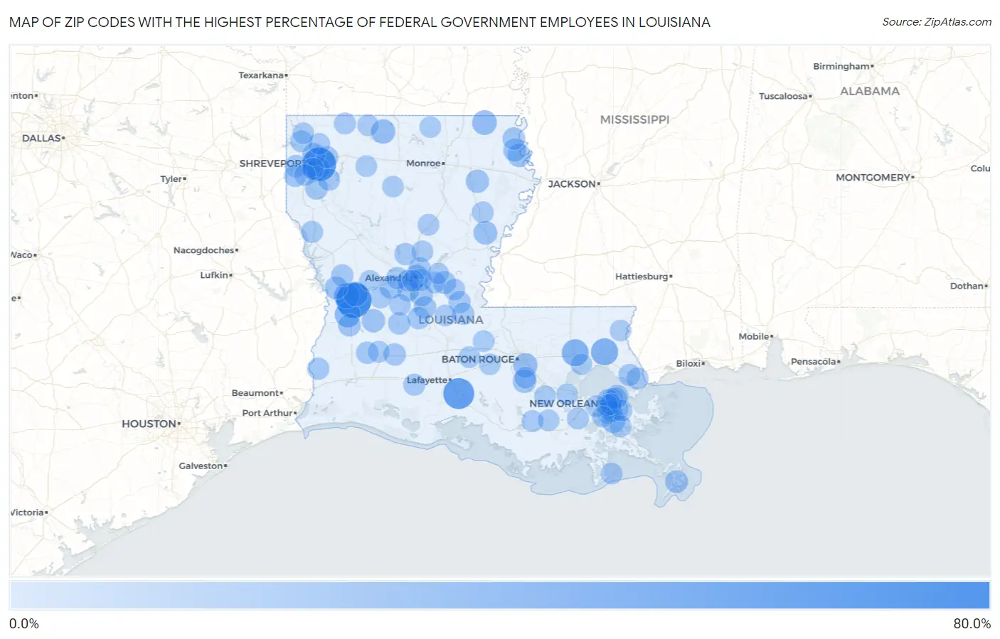 Zip Codes with the Highest Percentage of Federal Government Employees in Louisiana Map