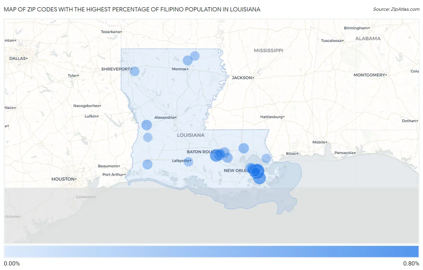 Zip Codes with the Highest Percentage of Filipino Population in Louisiana Map