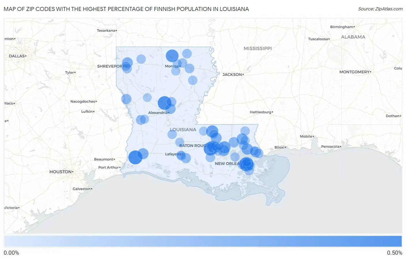 Zip Codes with the Highest Percentage of Finnish Population in Louisiana Map