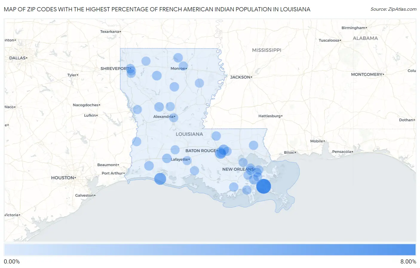 Zip Codes with the Highest Percentage of French American Indian Population in Louisiana Map