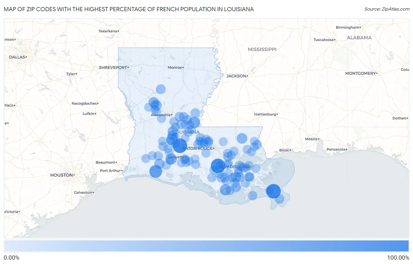 Zip Codes with the Highest Percentage of French Population in Louisiana Map