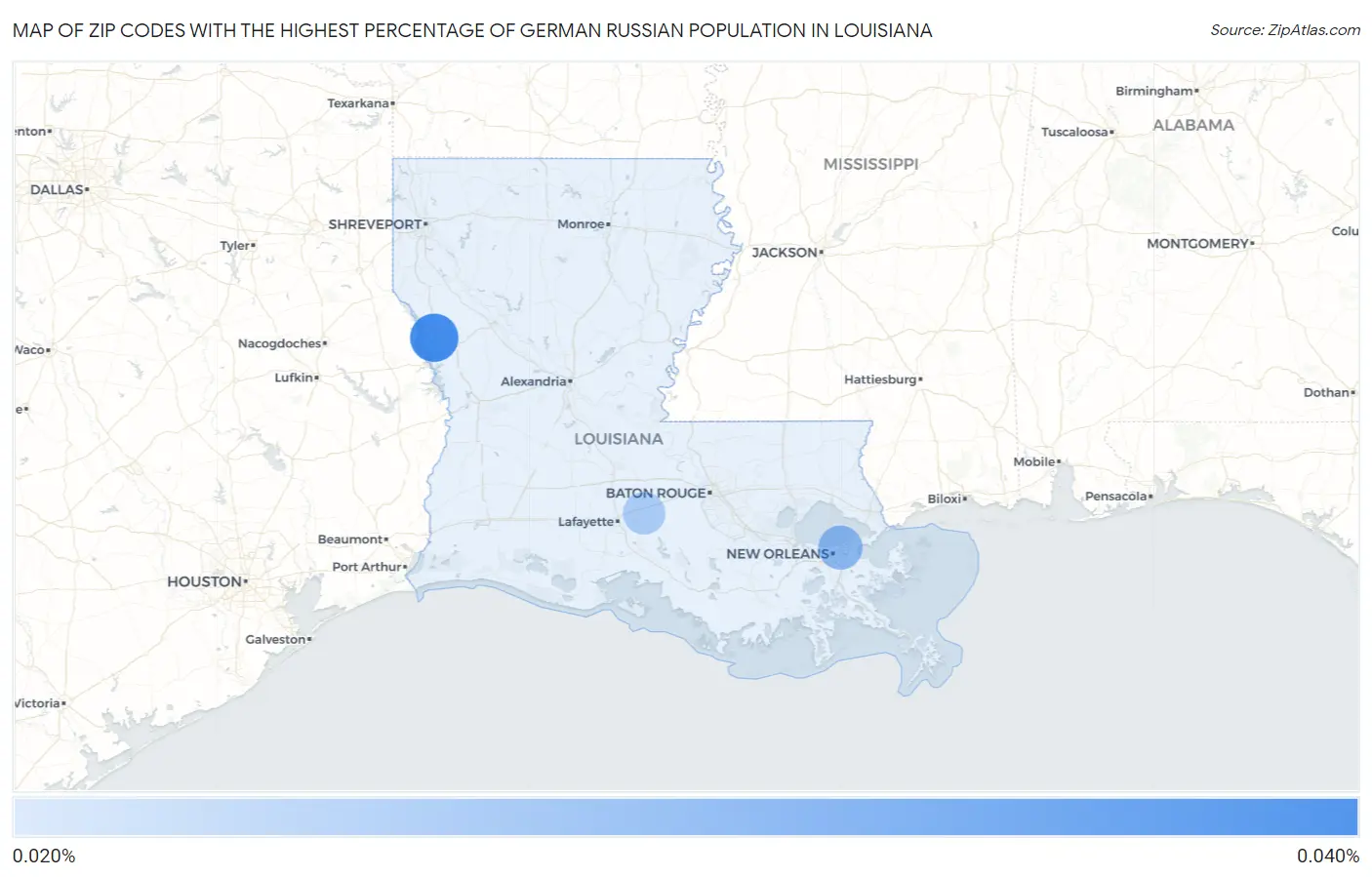 Zip Codes with the Highest Percentage of German Russian Population in Louisiana Map