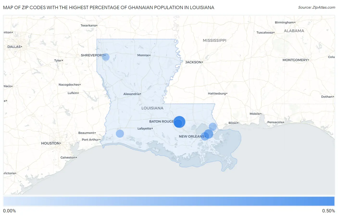 Zip Codes with the Highest Percentage of Ghanaian Population in Louisiana Map