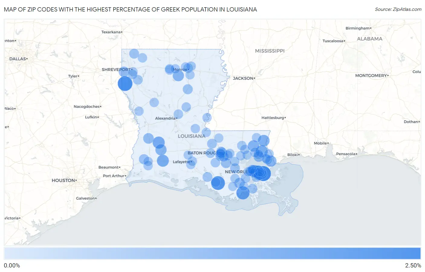 Zip Codes with the Highest Percentage of Greek Population in Louisiana Map