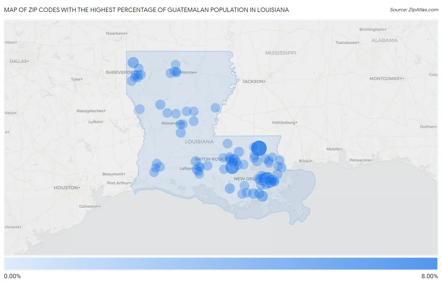 Zip Codes with the Highest Percentage of Guatemalan Population in Louisiana Map