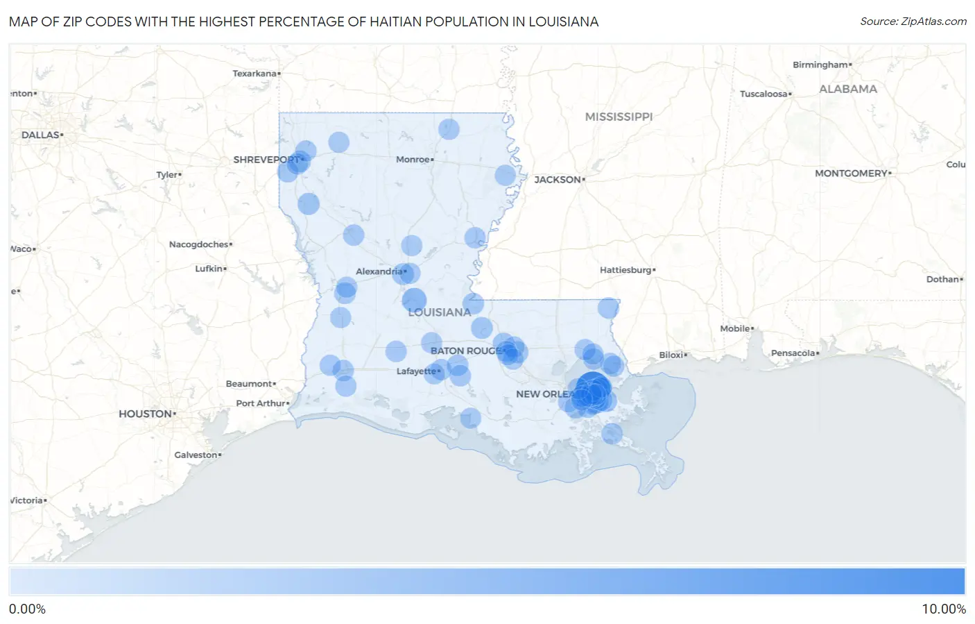 Zip Codes with the Highest Percentage of Haitian Population in Louisiana Map