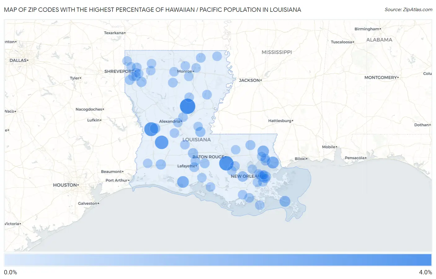 Zip Codes with the Highest Percentage of Hawaiian / Pacific Population in Louisiana Map