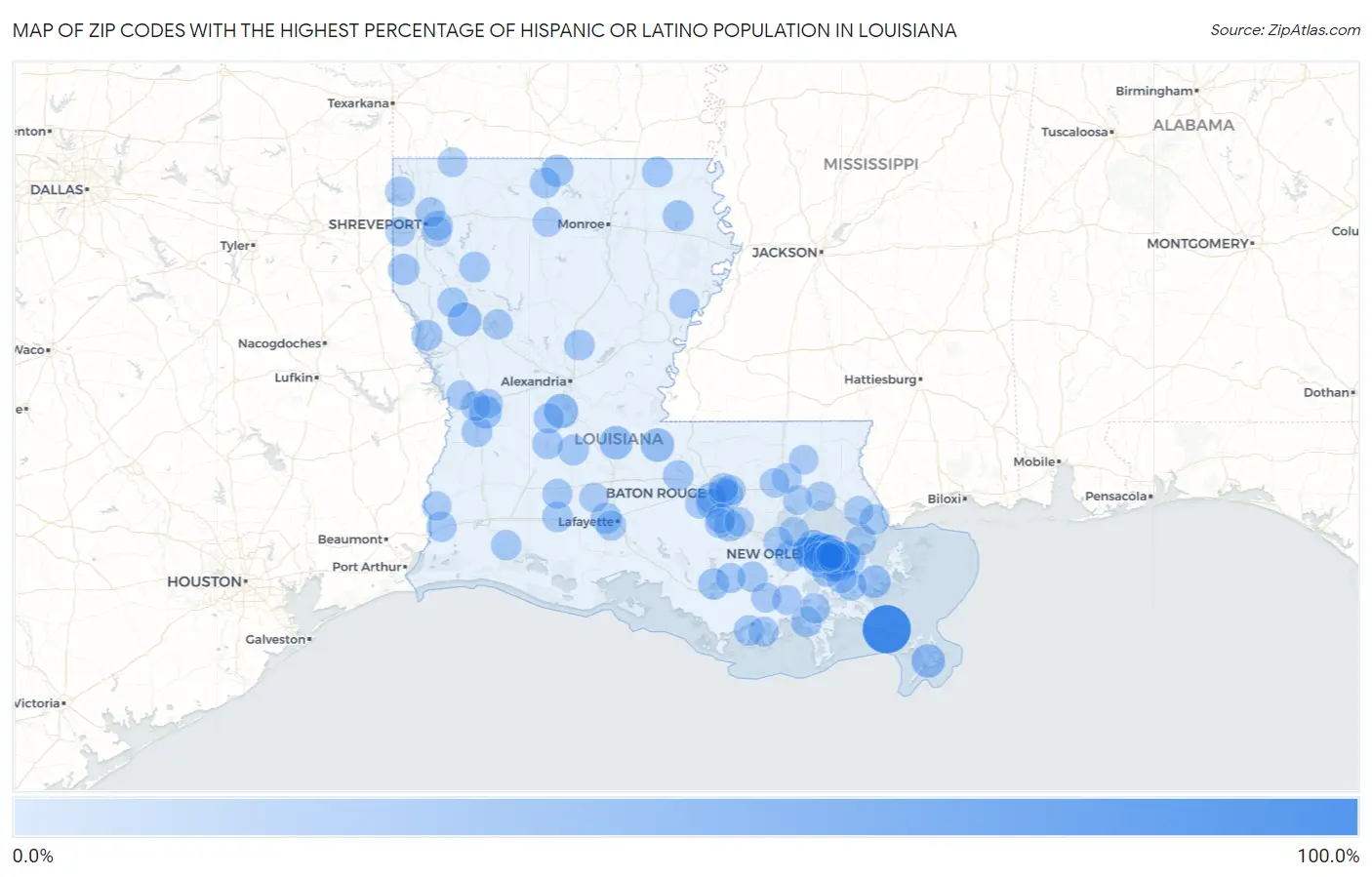 Zip Codes with the Highest Percentage of Hispanic or Latino Population in Louisiana Map