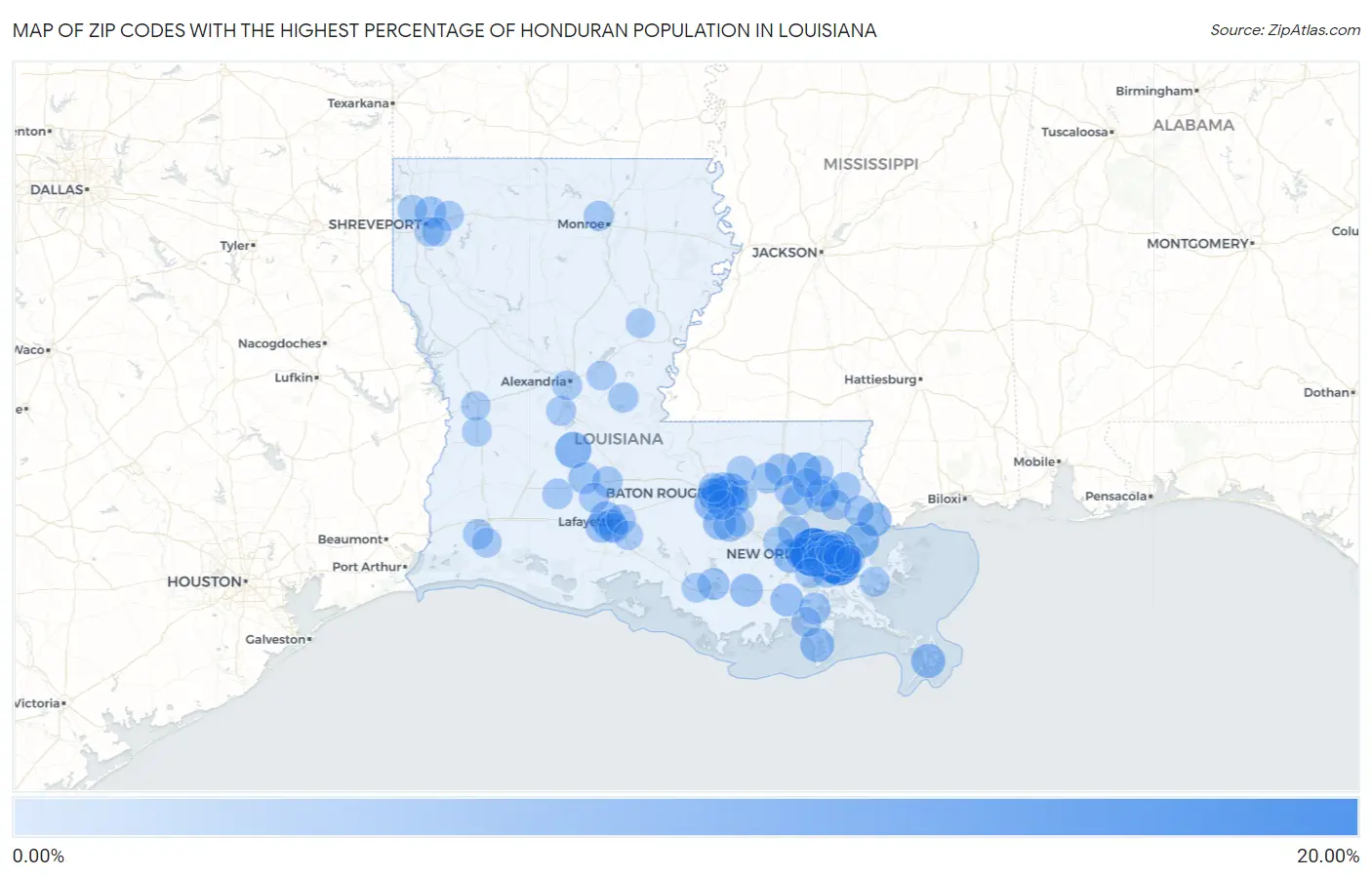 Zip Codes with the Highest Percentage of Honduran Population in Louisiana Map