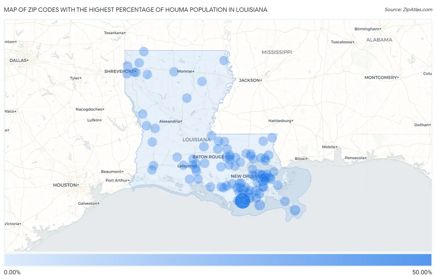 Zip Codes with the Highest Percentage of Houma Population in Louisiana Map