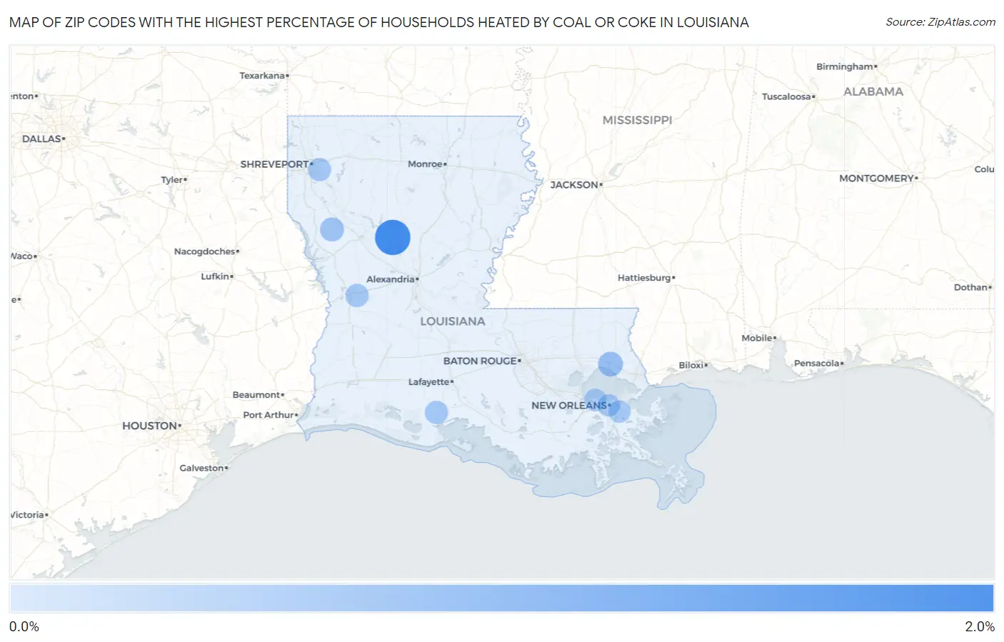 Zip Codes with the Highest Percentage of Households Heated by Coal or Coke in Louisiana Map