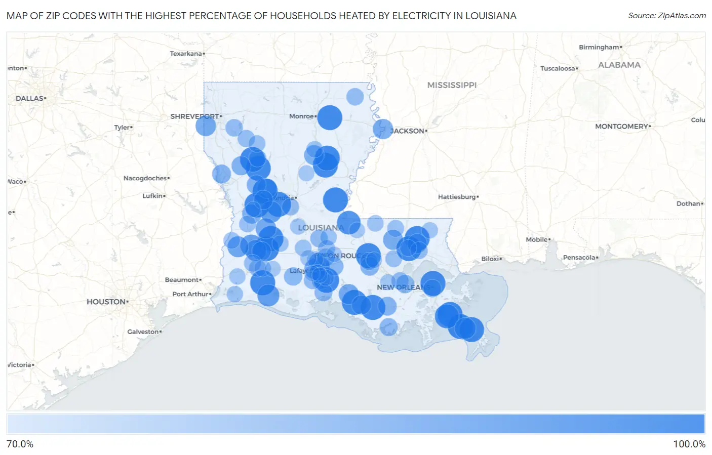 Zip Codes with the Highest Percentage of Households Heated by Electricity in Louisiana Map