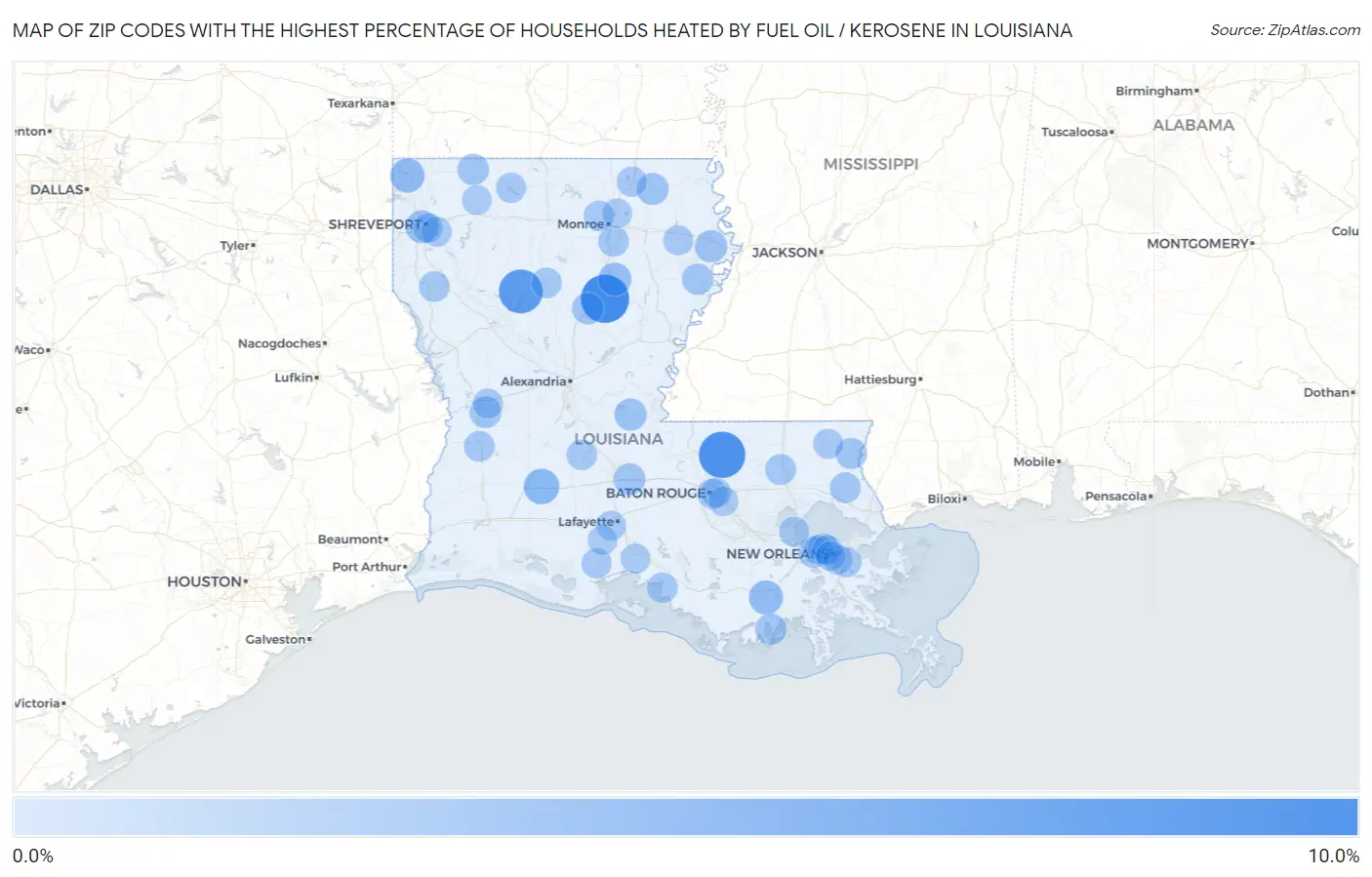 Zip Codes with the Highest Percentage of Households Heated by Fuel Oil / Kerosene in Louisiana Map