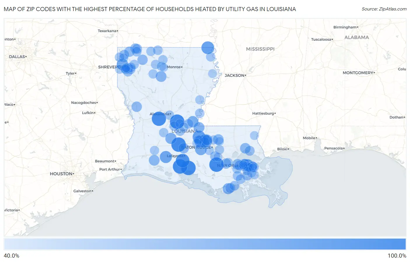 Zip Codes with the Highest Percentage of Households Heated by Utility Gas in Louisiana Map
