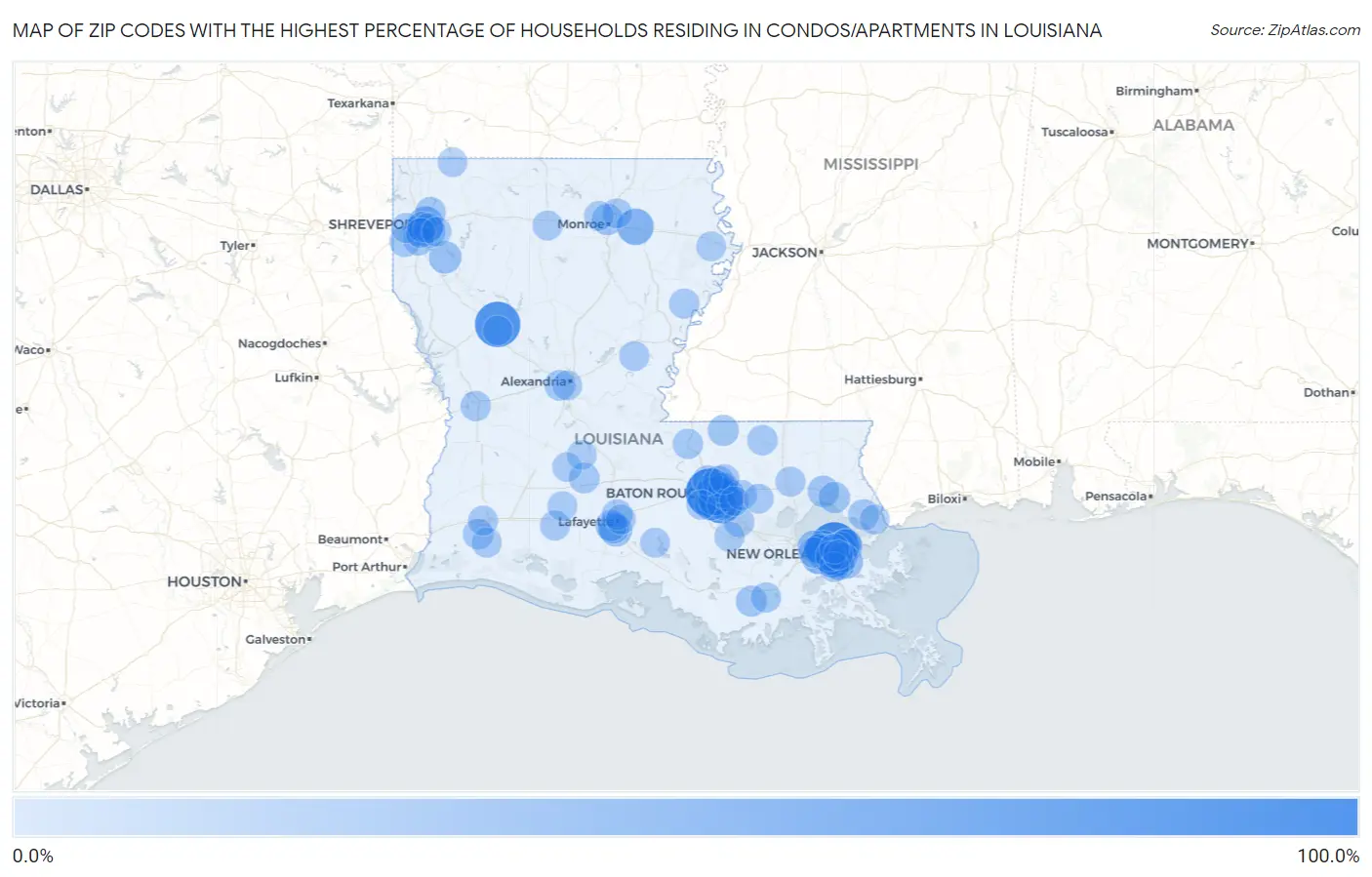 Zip Codes with the Highest Percentage of Households Residing in Condos/Apartments in Louisiana Map