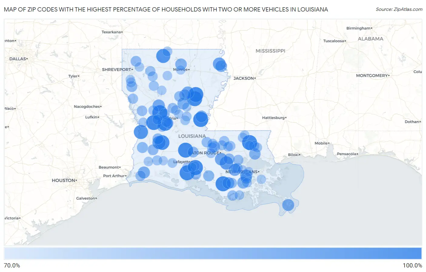 Zip Codes with the Highest Percentage of Households With Two or more Vehicles in Louisiana Map