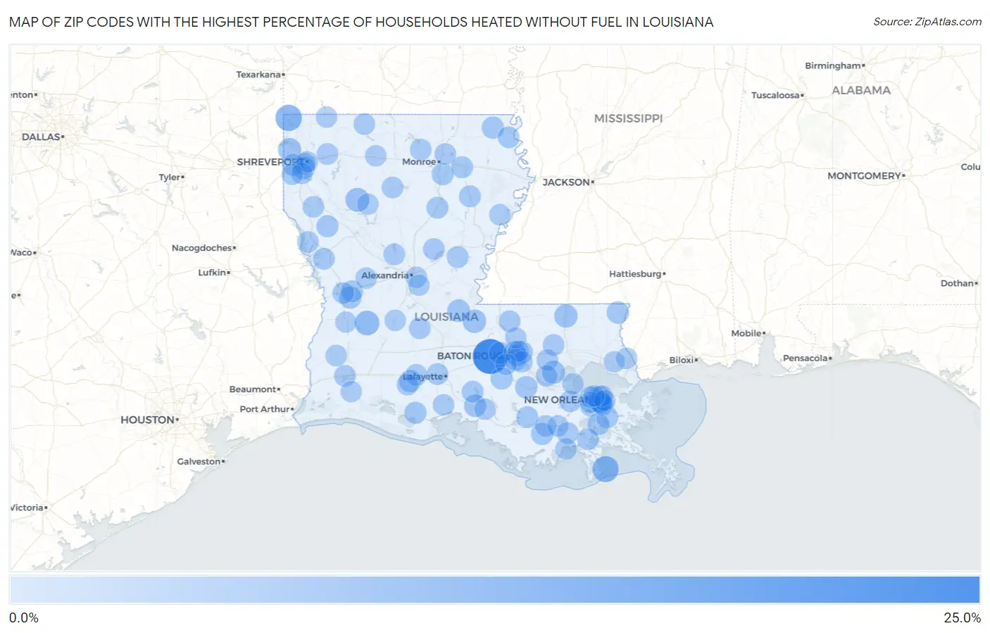 Zip Codes with the Highest Percentage of Households Heated without Fuel in Louisiana Map