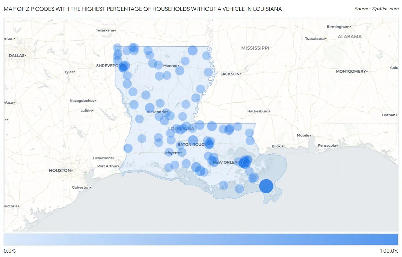 Zip Codes with the Highest Percentage of Households Without a Vehicle in Louisiana Map