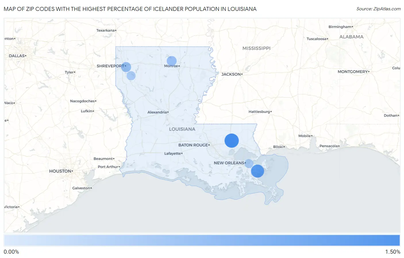 Zip Codes with the Highest Percentage of Icelander Population in Louisiana Map