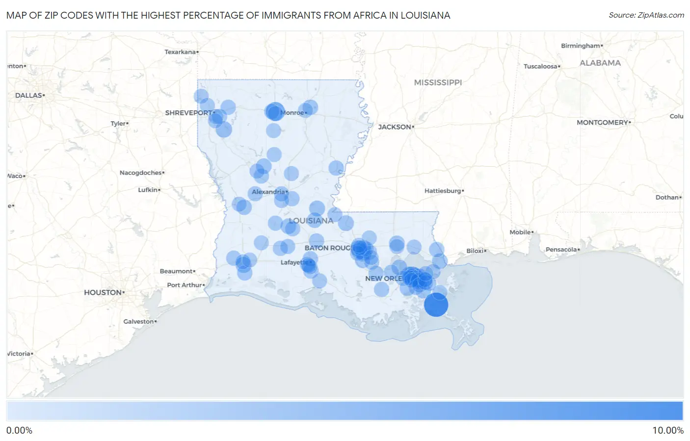 Zip Codes with the Highest Percentage of Immigrants from Africa in Louisiana Map