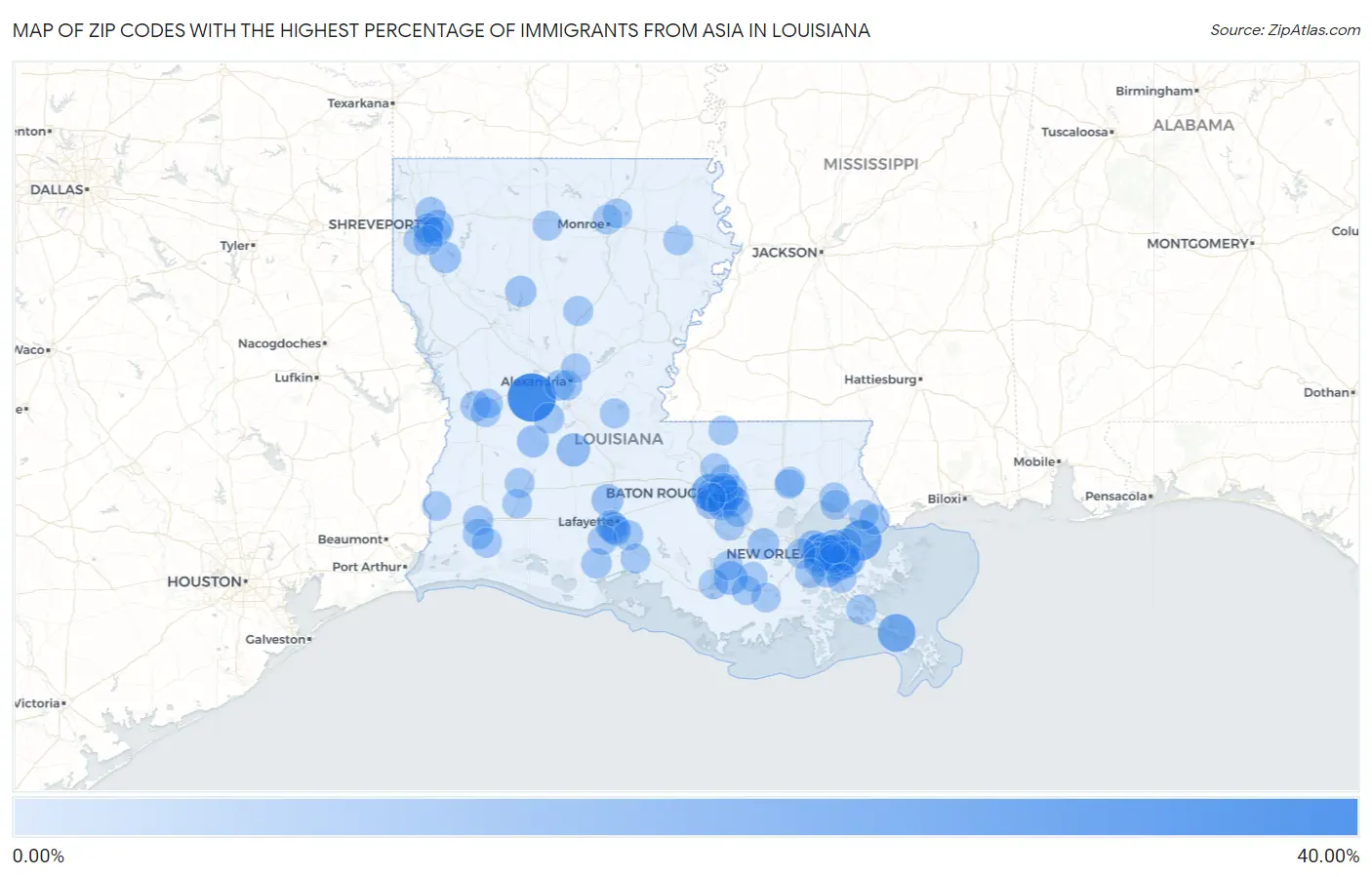 Zip Codes with the Highest Percentage of Immigrants from Asia in Louisiana Map