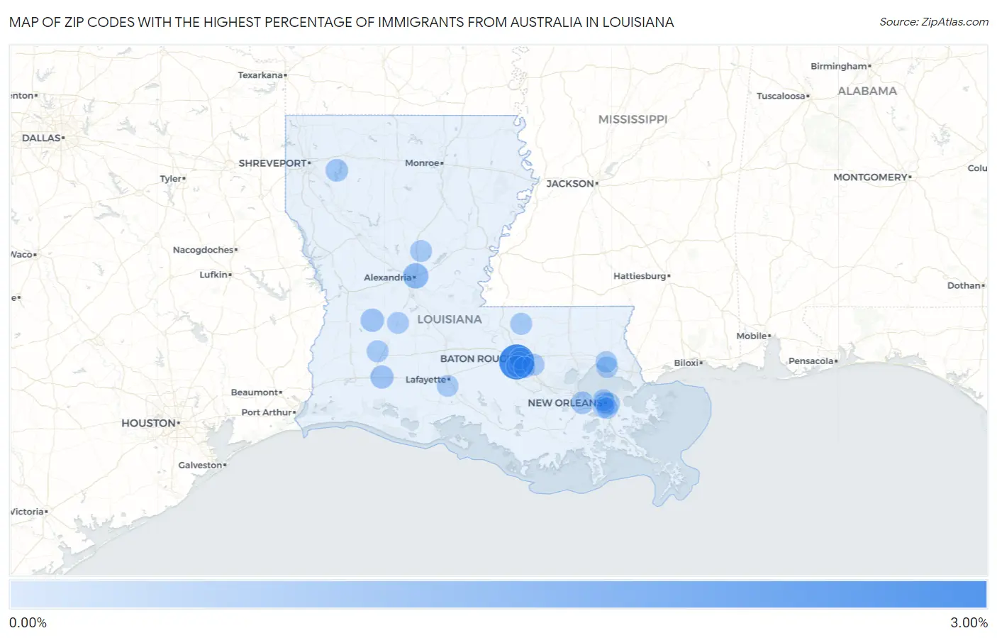 Zip Codes with the Highest Percentage of Immigrants from Australia in Louisiana Map