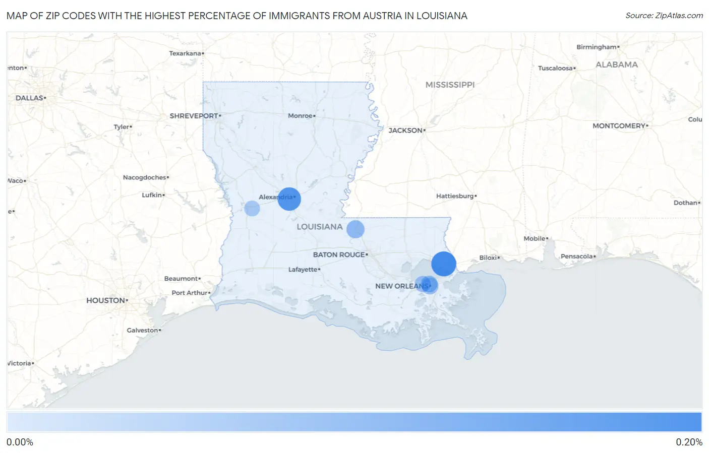 Zip Codes with the Highest Percentage of Immigrants from Austria in Louisiana Map