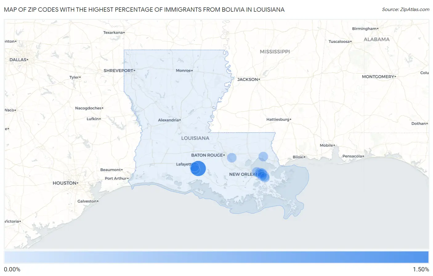 Zip Codes with the Highest Percentage of Immigrants from Bolivia in Louisiana Map