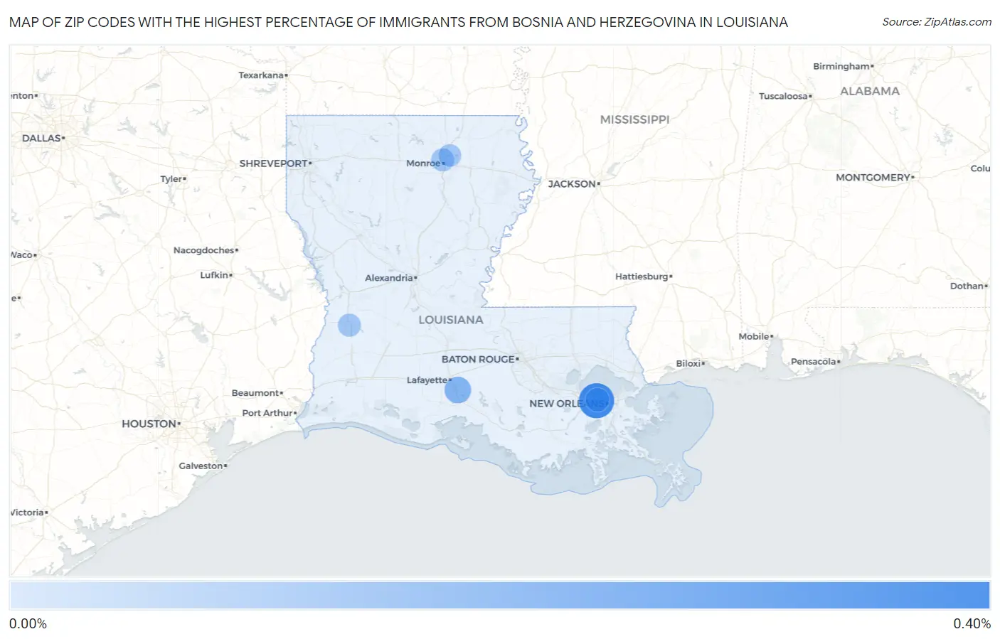 Zip Codes with the Highest Percentage of Immigrants from Bosnia and Herzegovina in Louisiana Map