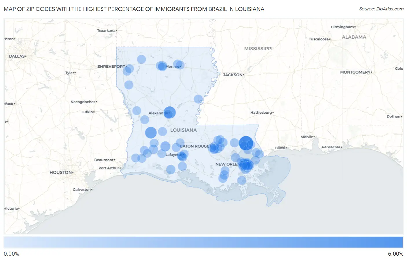 Zip Codes with the Highest Percentage of Immigrants from Brazil in Louisiana Map