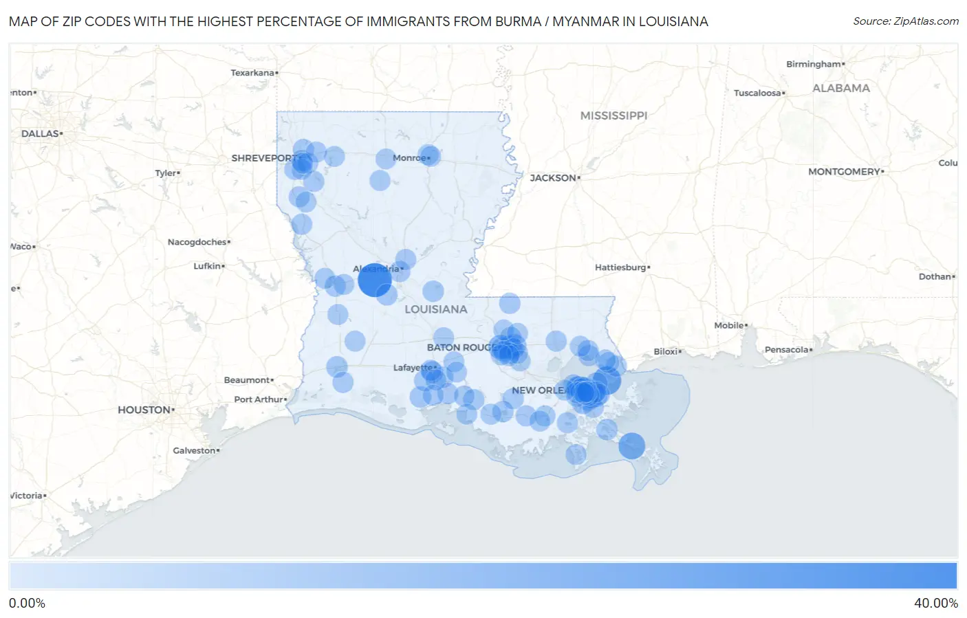 Zip Codes with the Highest Percentage of Immigrants from Burma / Myanmar in Louisiana Map