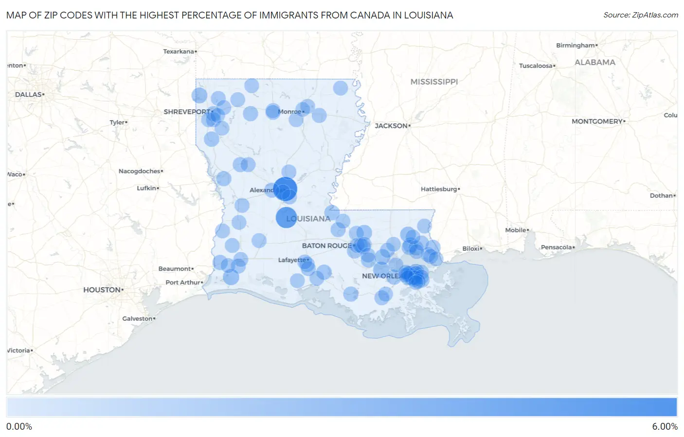 Zip Codes with the Highest Percentage of Immigrants from Canada in Louisiana Map