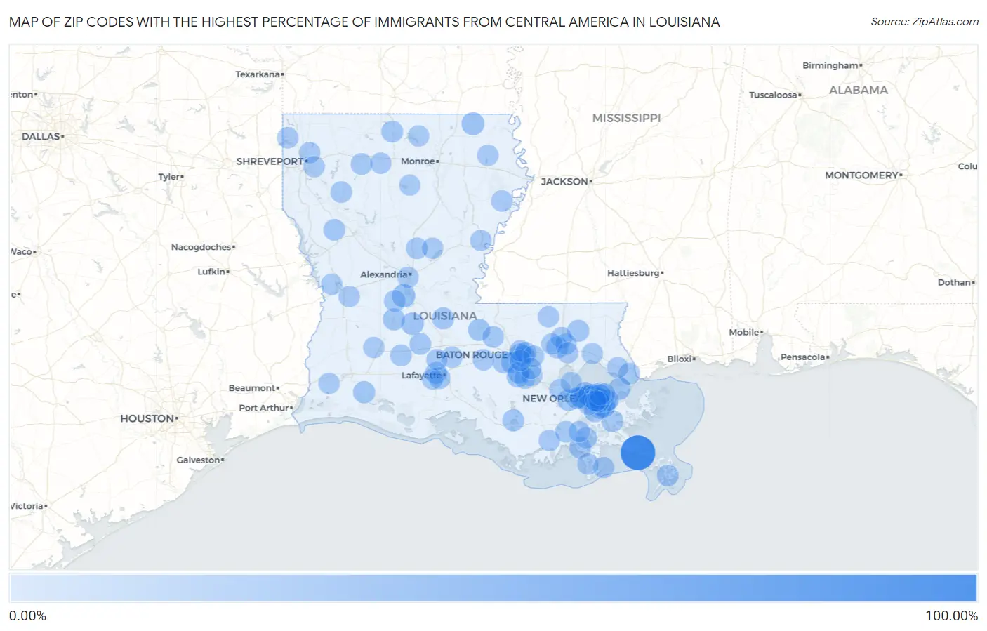 Zip Codes with the Highest Percentage of Immigrants from Central America in Louisiana Map