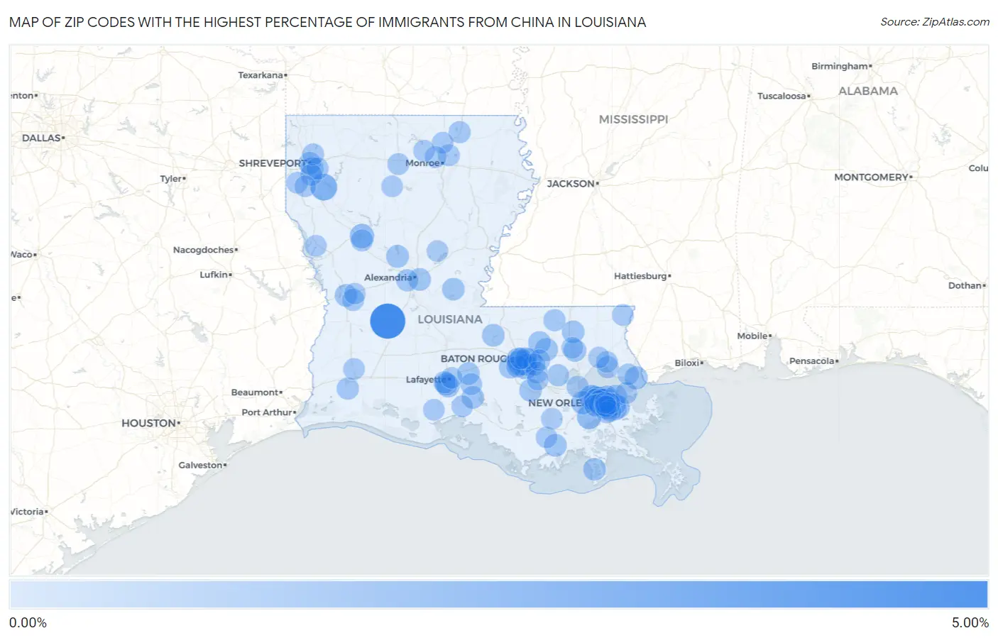 Zip Codes with the Highest Percentage of Immigrants from China in Louisiana Map