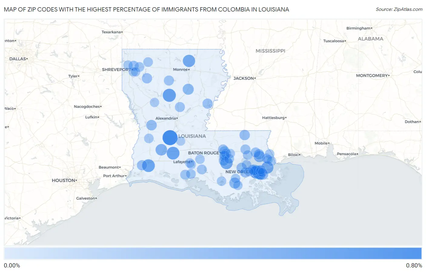 Zip Codes with the Highest Percentage of Immigrants from Colombia in Louisiana Map