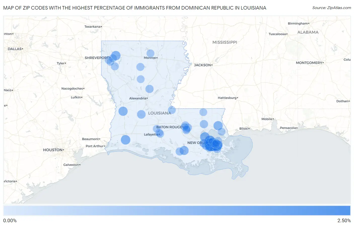 Zip Codes with the Highest Percentage of Immigrants from Dominican Republic in Louisiana Map