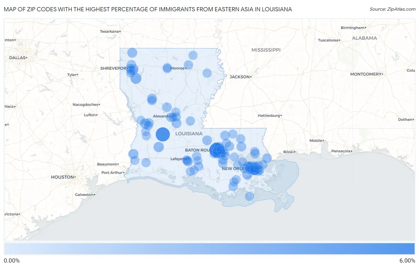 Zip Codes with the Highest Percentage of Immigrants from Eastern Asia in Louisiana Map