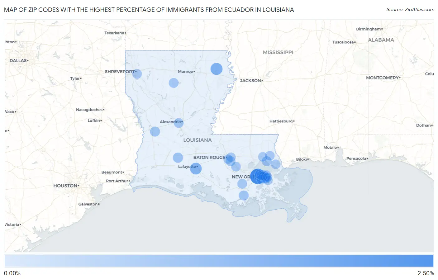Zip Codes with the Highest Percentage of Immigrants from Ecuador in Louisiana Map