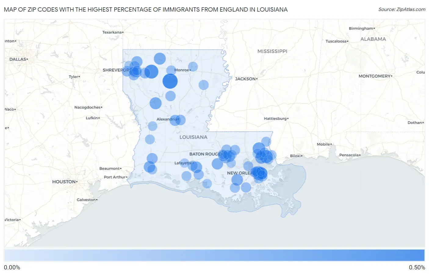 Zip Codes with the Highest Percentage of Immigrants from England in Louisiana Map