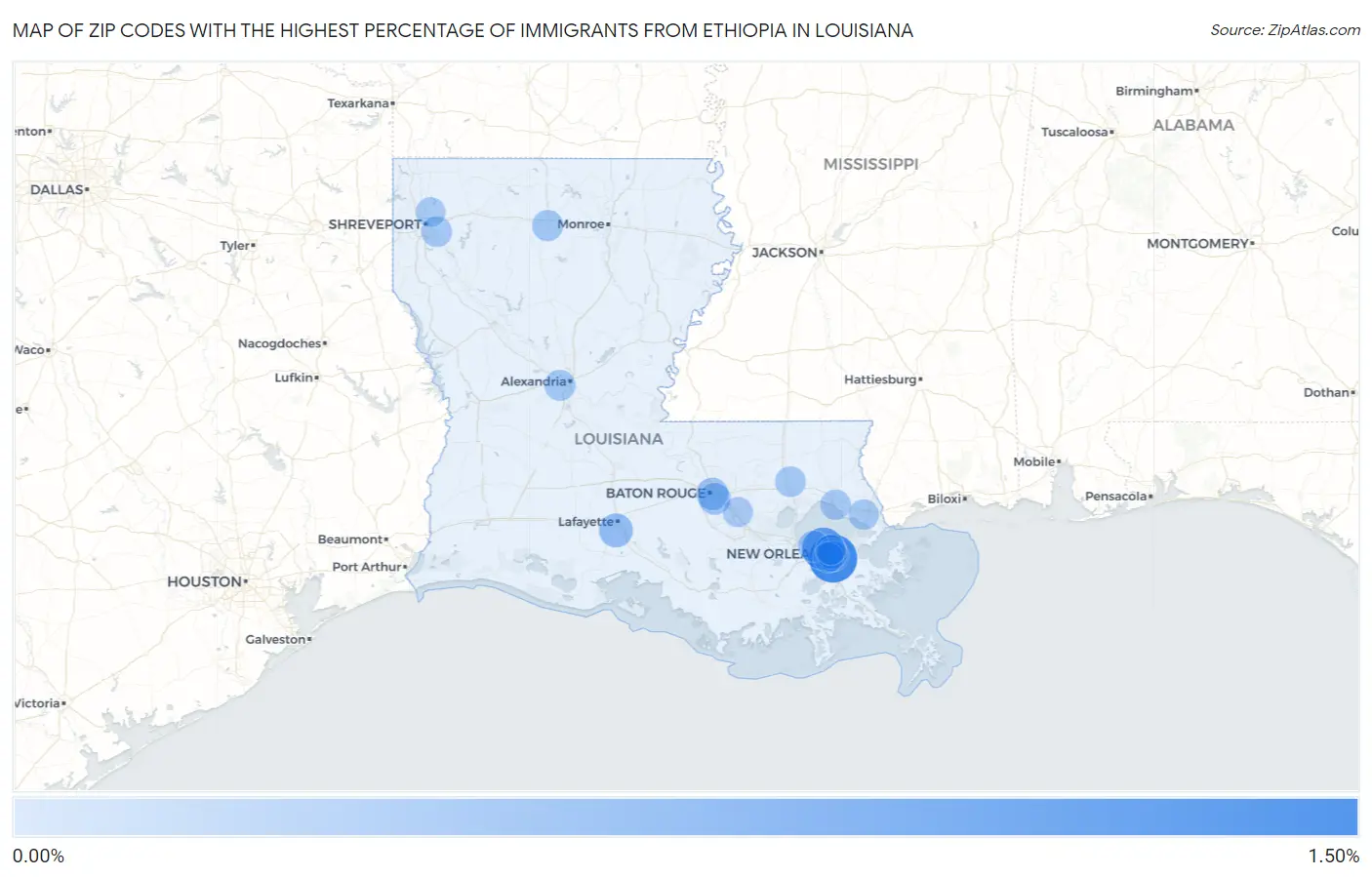 Zip Codes with the Highest Percentage of Immigrants from Ethiopia in Louisiana Map