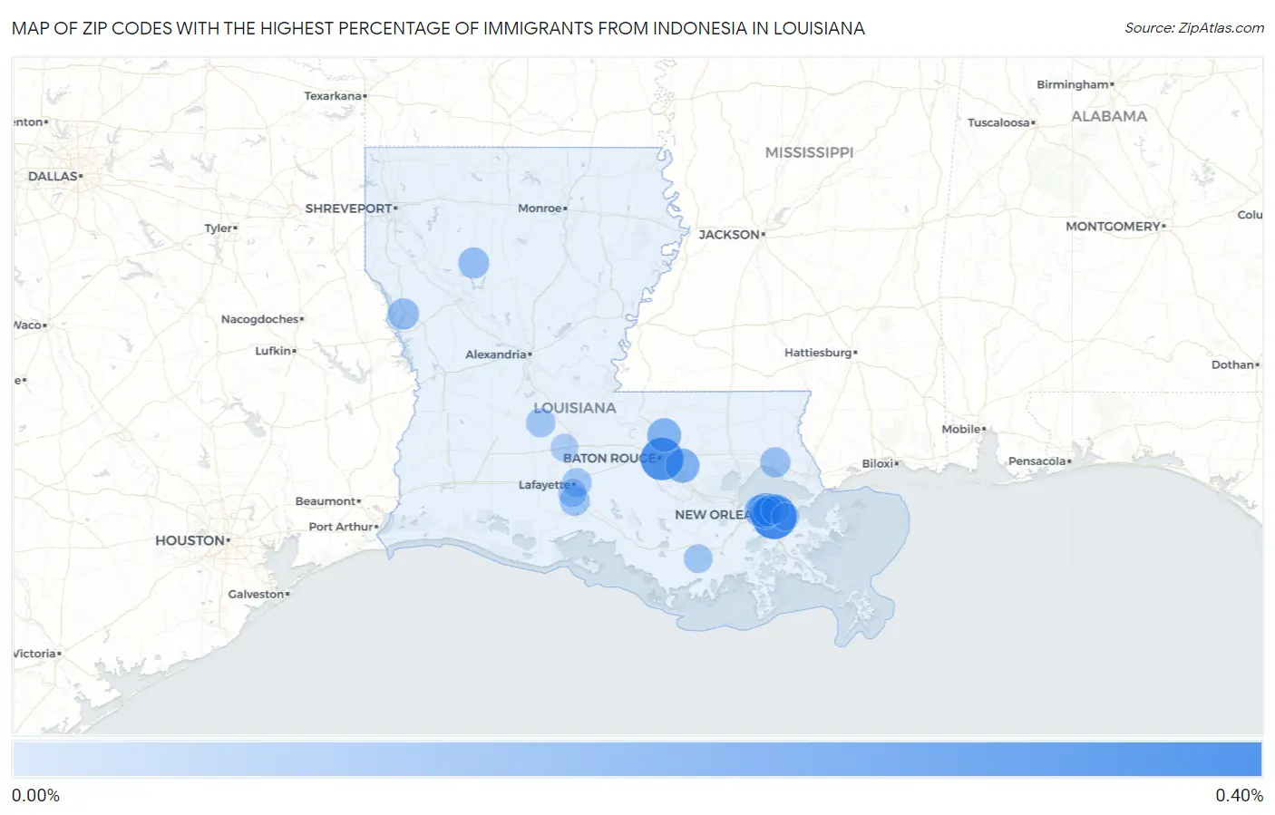 Zip Codes with the Highest Percentage of Immigrants from Indonesia in Louisiana Map