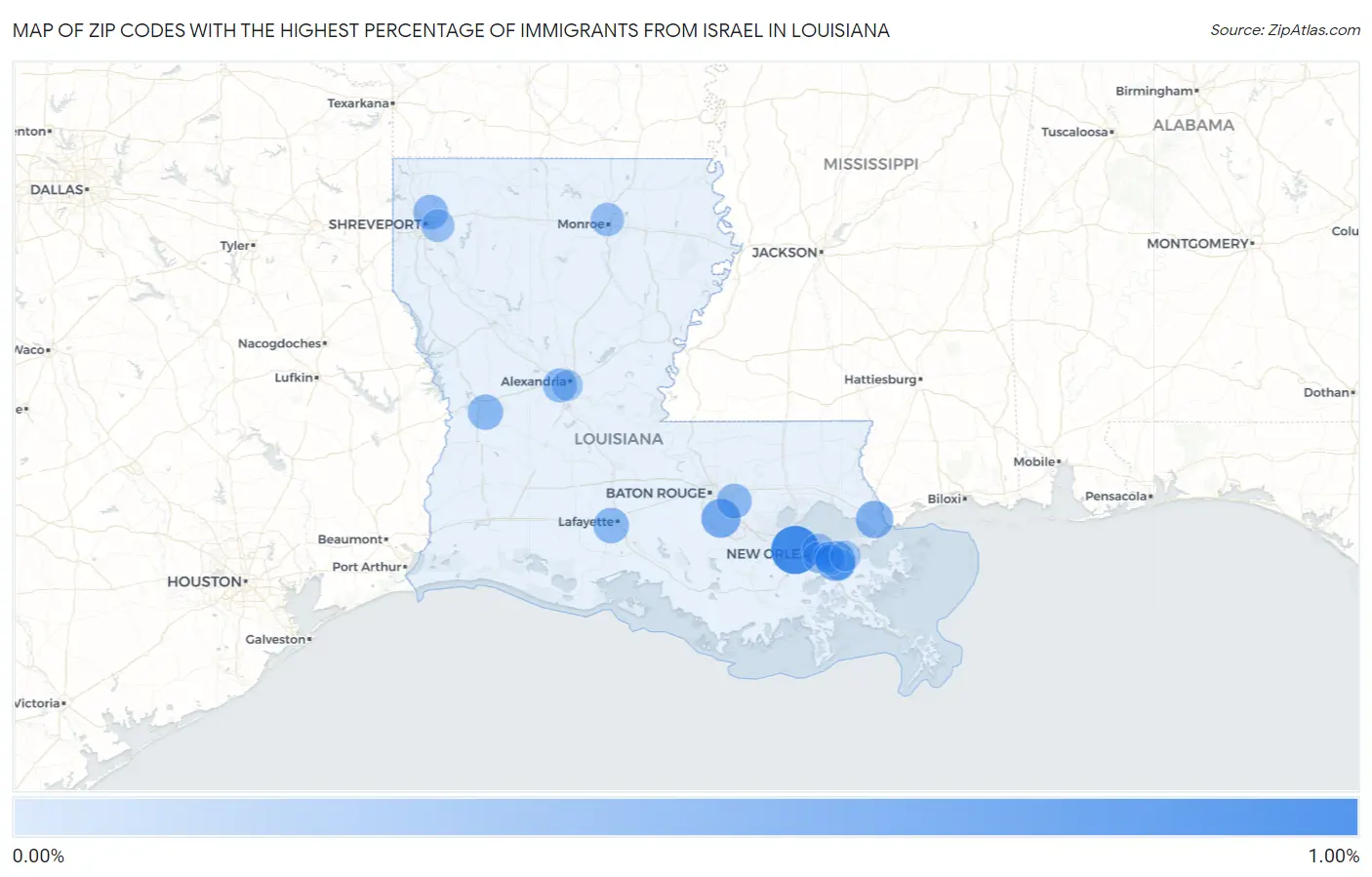 Zip Codes with the Highest Percentage of Immigrants from Israel in Louisiana Map