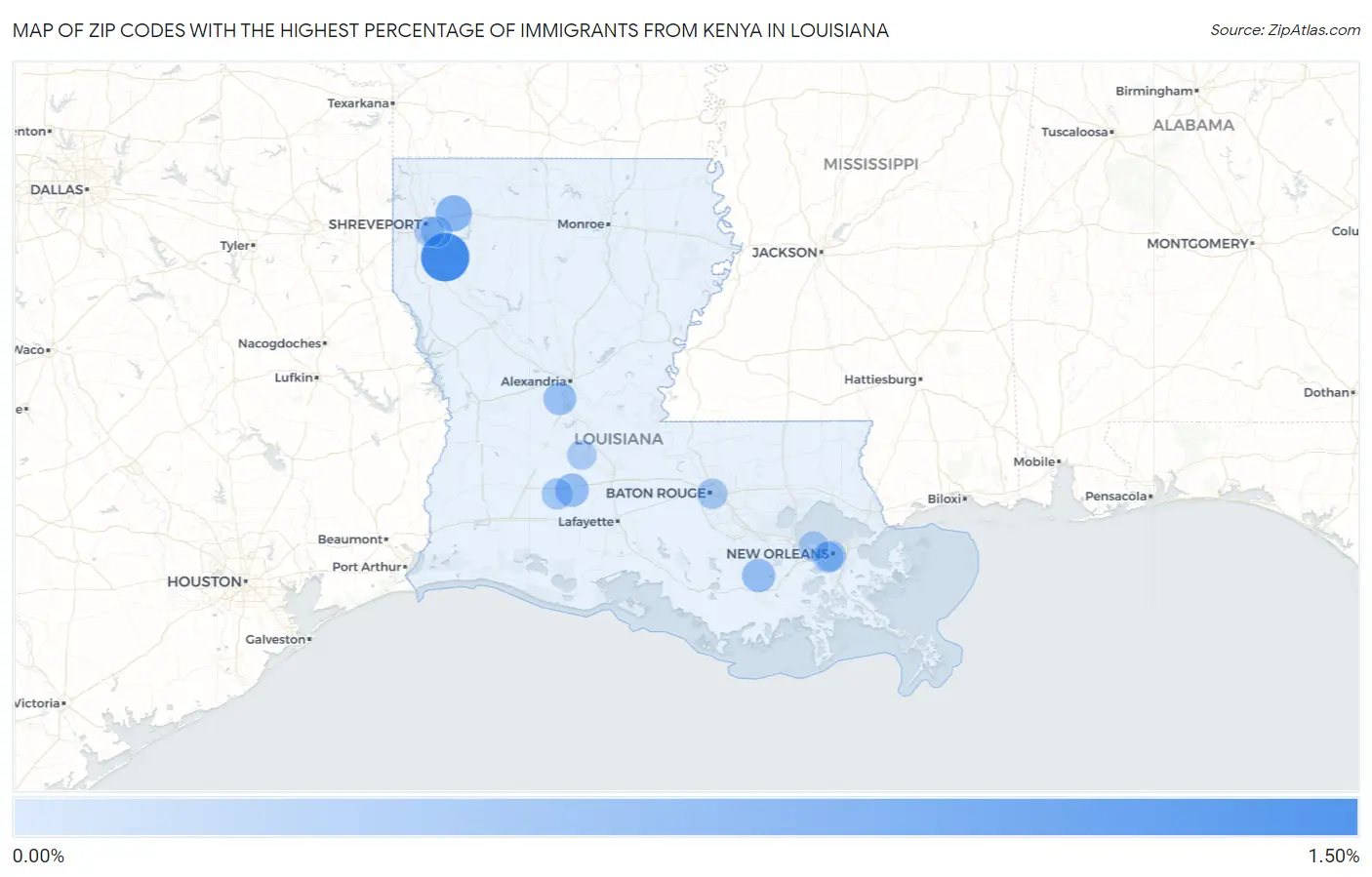 Zip Codes with the Highest Percentage of Immigrants from Kenya in Louisiana Map