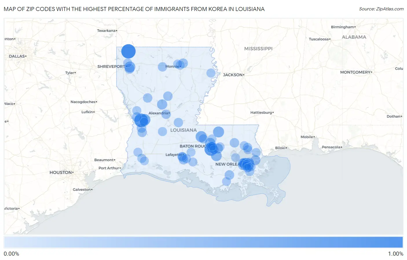 Zip Codes with the Highest Percentage of Immigrants from Korea in Louisiana Map