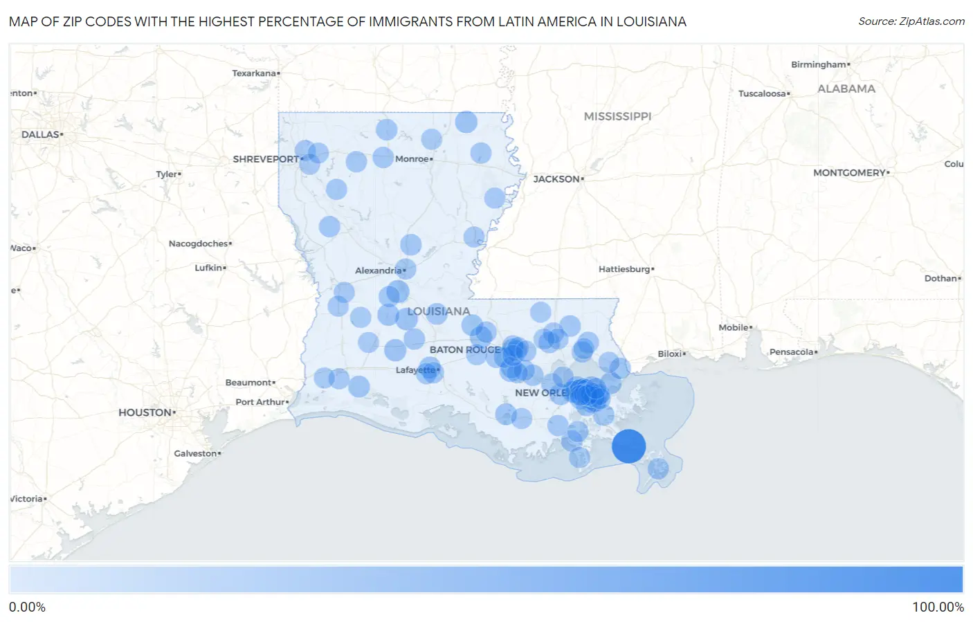 Zip Codes with the Highest Percentage of Immigrants from Latin America in Louisiana Map
