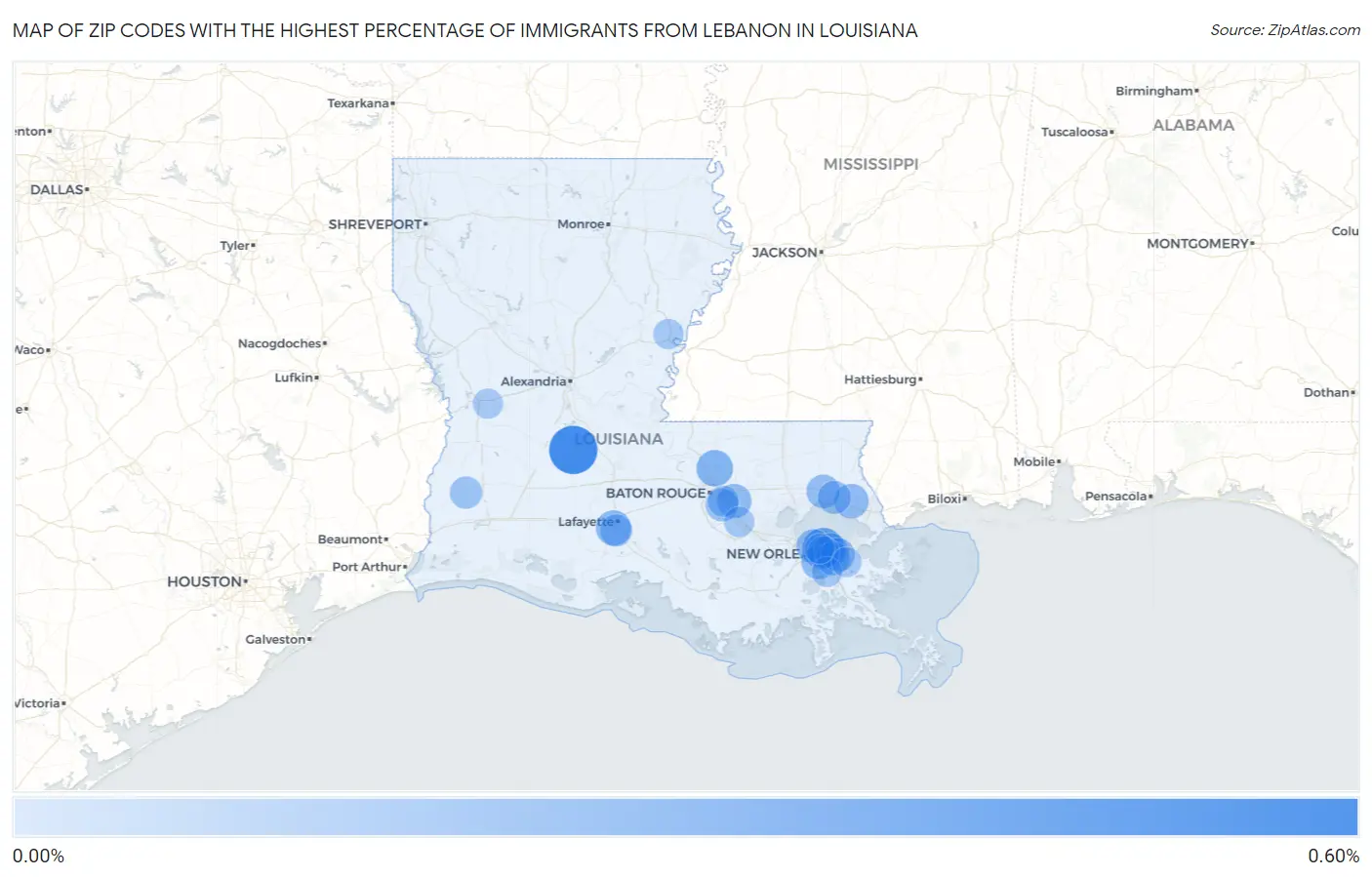 Zip Codes with the Highest Percentage of Immigrants from Lebanon in Louisiana Map