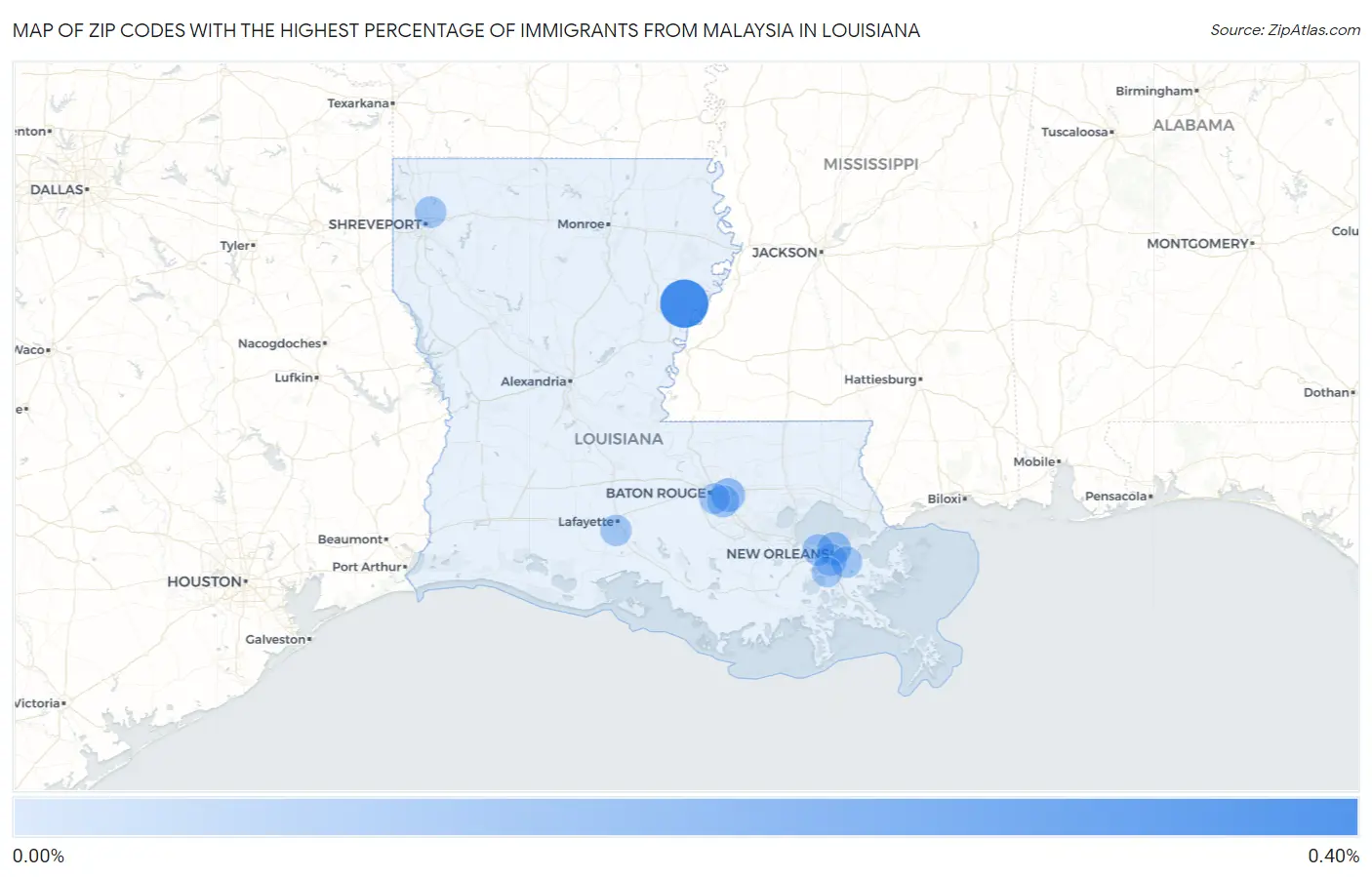 Zip Codes with the Highest Percentage of Immigrants from Malaysia in Louisiana Map