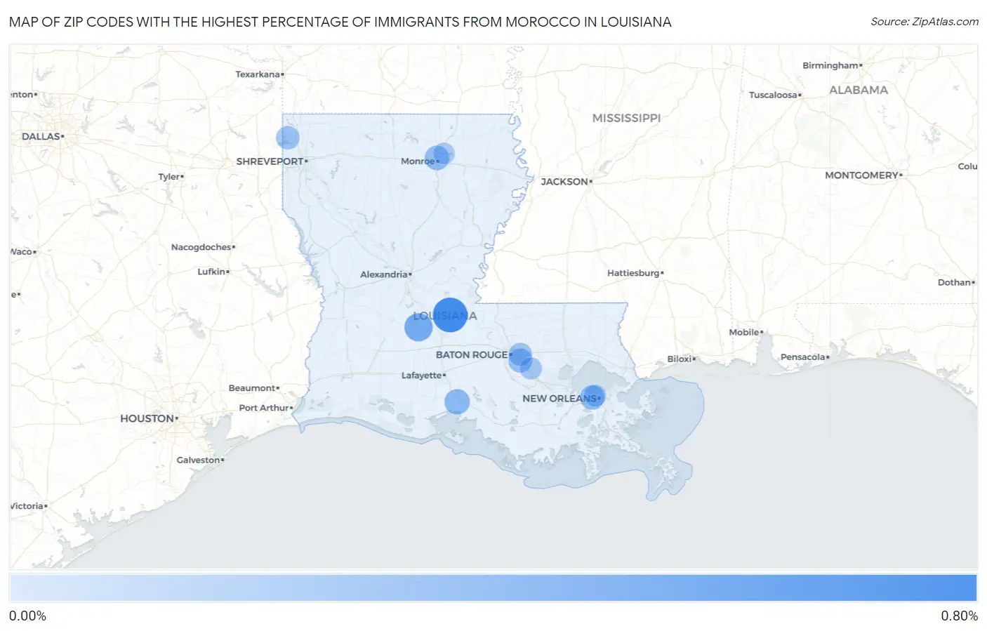 Zip Codes with the Highest Percentage of Immigrants from Morocco in Louisiana Map