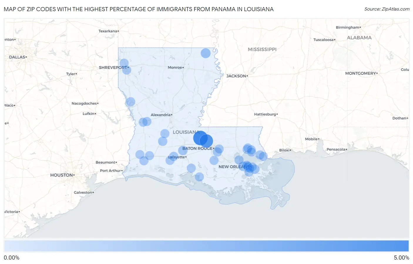 Zip Codes with the Highest Percentage of Immigrants from Panama in Louisiana Map