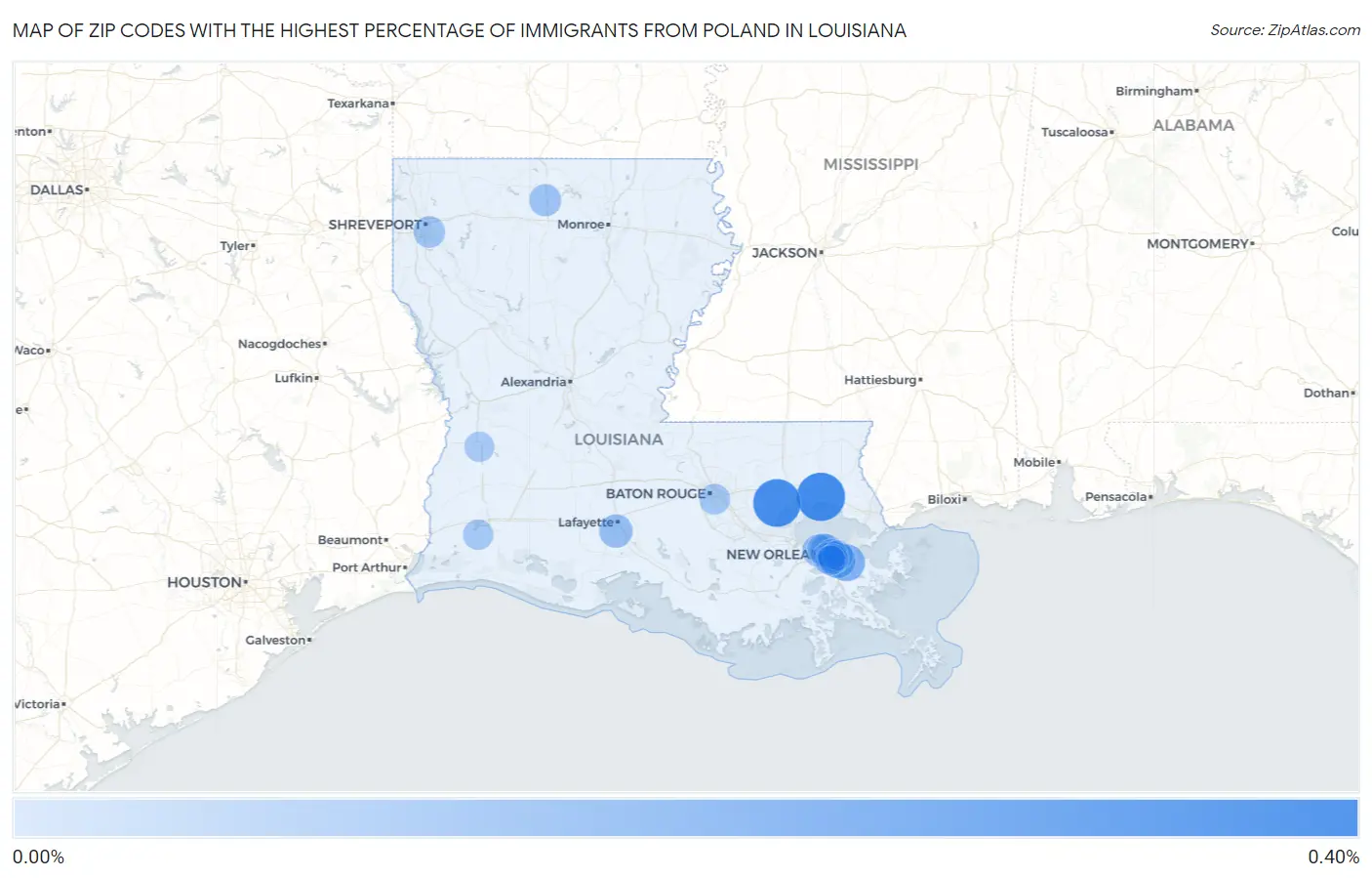 Zip Codes with the Highest Percentage of Immigrants from Poland in Louisiana Map